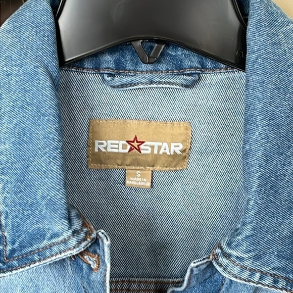 NWOT Red Star Button Up Jean Jacket Cotton Denim Faded Blue Cropped Frayed - Picture 4 of 10
